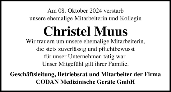 Traueranzeige von Christel Muus von Lübecker Nachrichten