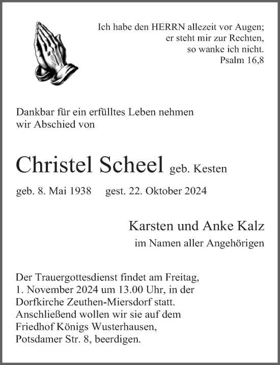 Traueranzeige von Christel Scheel von Märkischen Allgemeine Zeitung