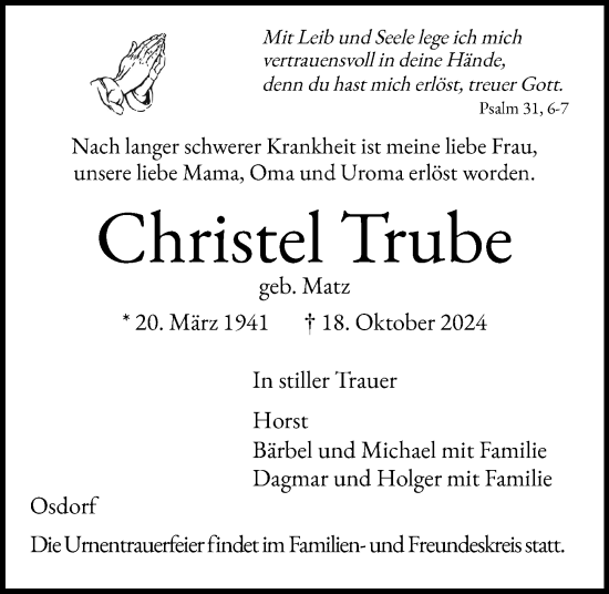 Traueranzeige von Christel Trube von Kieler Nachrichten