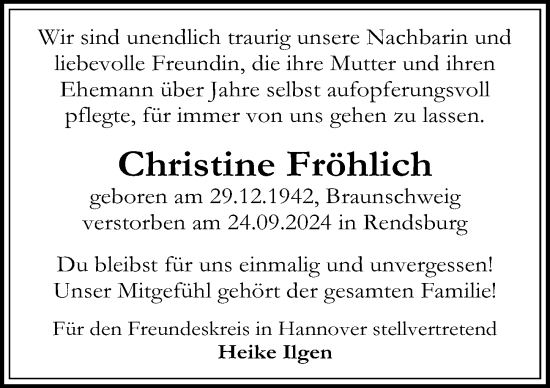 Traueranzeige von Christine Fröhlich von Hannoversche Allgemeine Zeitung/Neue Presse