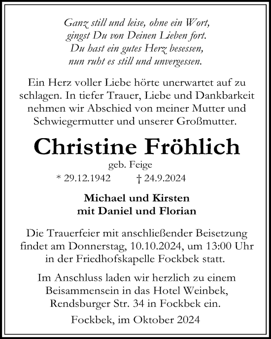 Traueranzeige von Christine Fröhlich von Hannoversche Allgemeine Zeitung/Neue Presse