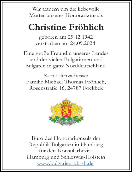 Traueranzeige von Christine Fröhlich von Hannoversche Allgemeine Zeitung/Neue Presse