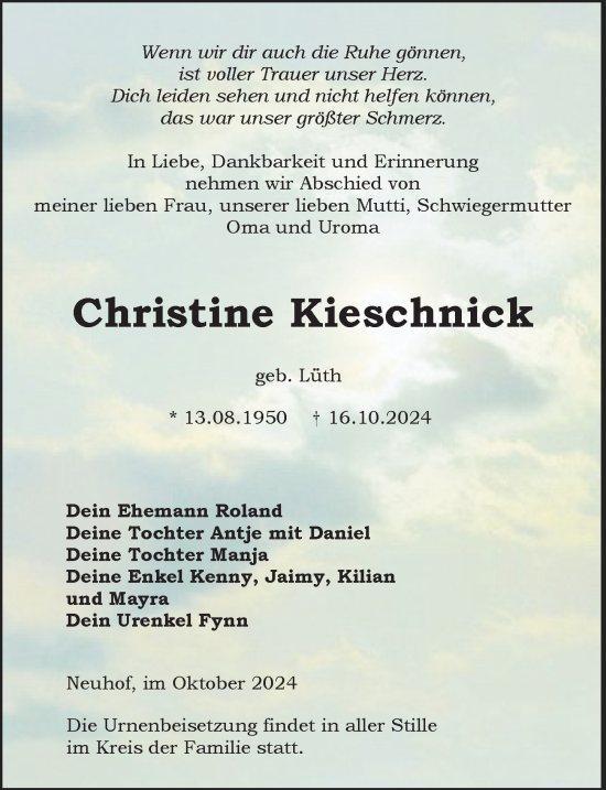 Traueranzeige von Christine Kieschnick von Ostsee-Zeitung GmbH