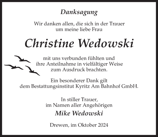 Traueranzeige von Christine Wedowski von Wochenspiegel