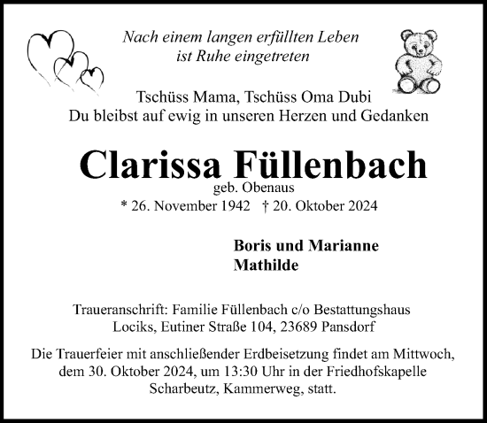 Traueranzeige von Clarissa Füllenbach von Lübecker Nachrichten