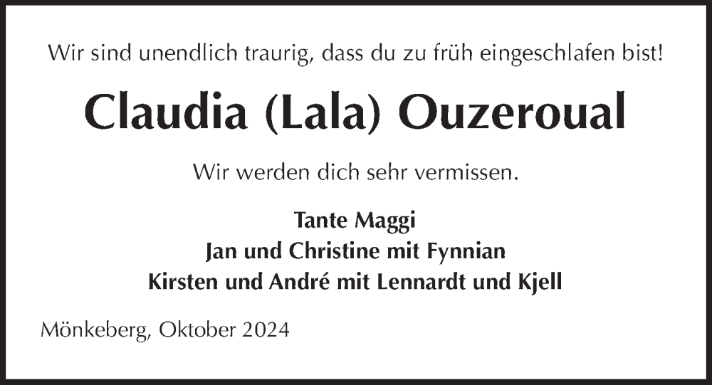  Traueranzeige für Claudia Ouzeroual vom 19.10.2024 aus Kieler Nachrichten