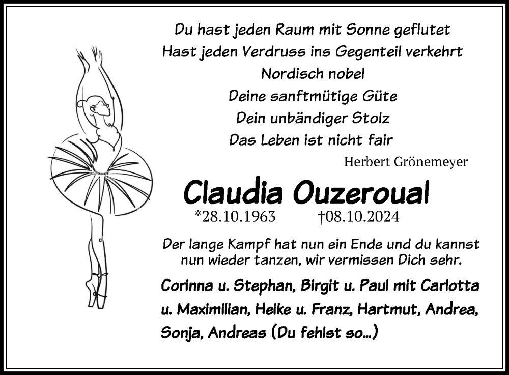  Traueranzeige für Claudia Ouzeroual vom 19.10.2024 aus Kieler Nachrichten