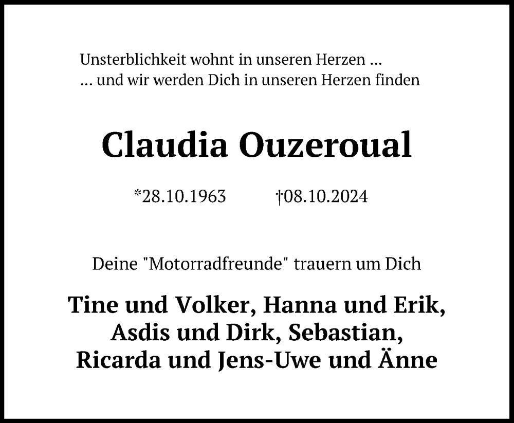  Traueranzeige für Claudia Ouzeroual vom 19.10.2024 aus Kieler Nachrichten