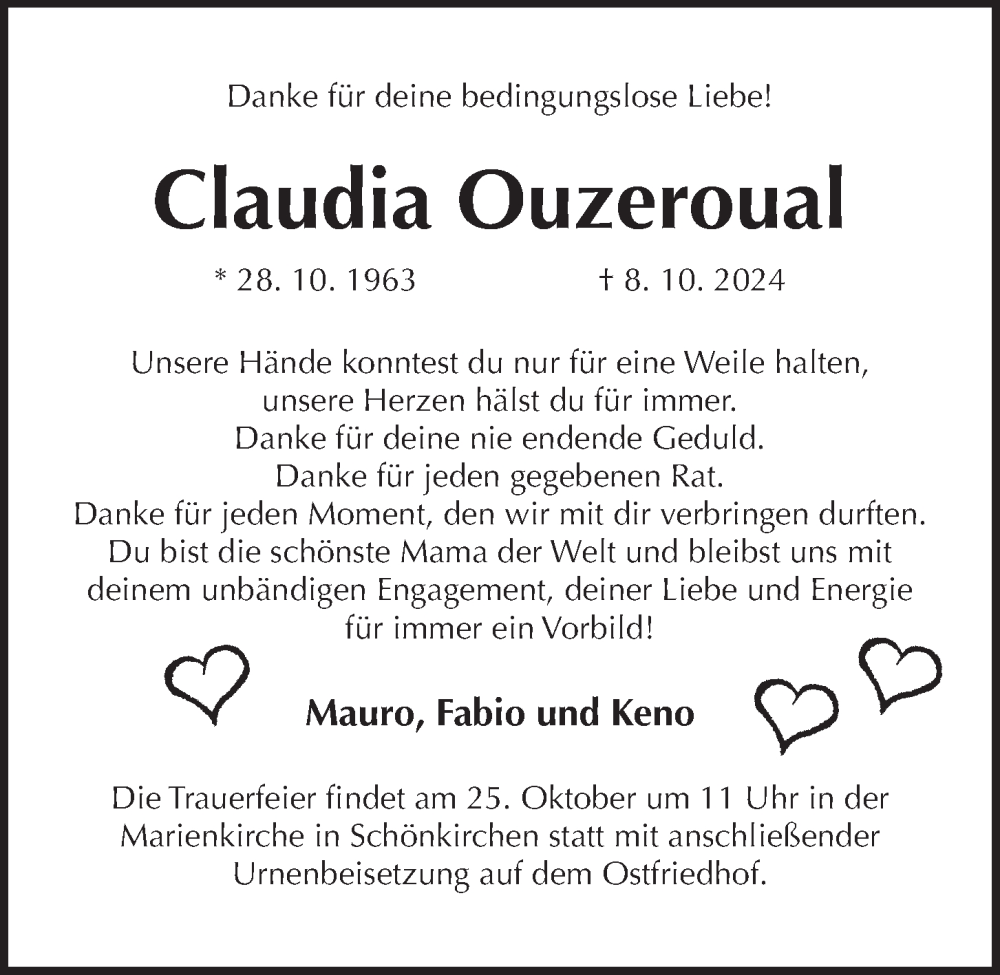  Traueranzeige für Claudia Ouzeroual vom 19.10.2024 aus Kieler Nachrichten