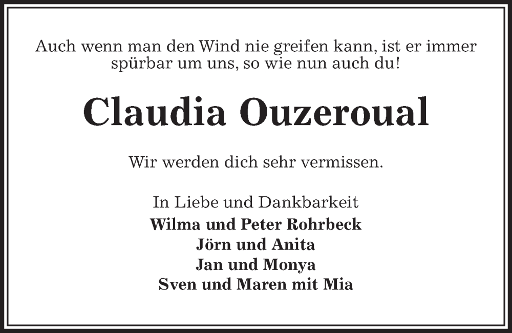  Traueranzeige für Claudia Ouzeroual vom 19.10.2024 aus Kieler Nachrichten