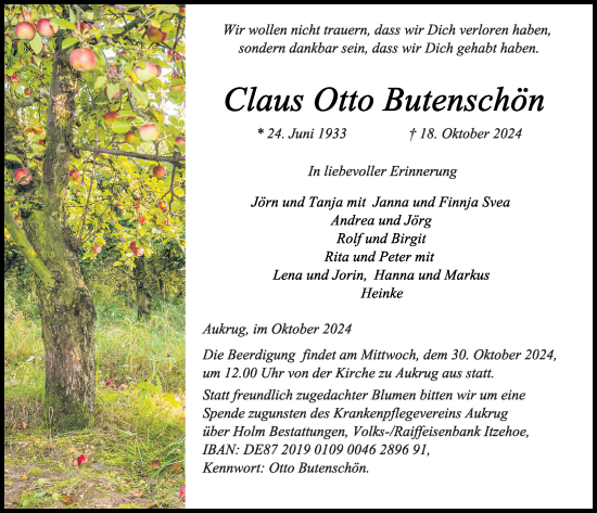 Traueranzeige von Claus Otto Butenschön von Kieler Nachrichten