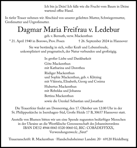 Traueranzeige von Dagmar Maria Freifrau v. Ledebur von Hannoversche Allgemeine Zeitung/Neue Presse