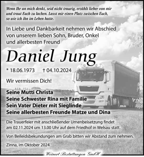 Traueranzeige von Daniel Jung von Torgauer Zeitung