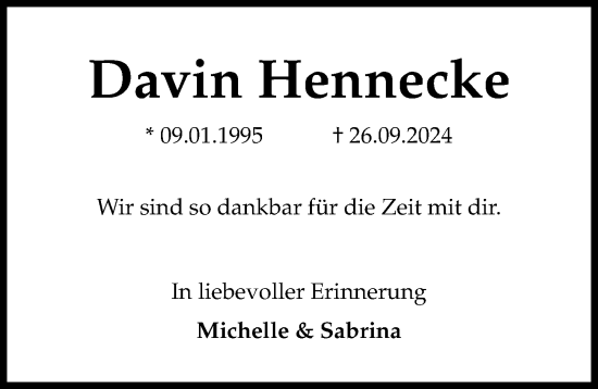 Traueranzeige von Davin Hennecke von Hannoversche Allgemeine Zeitung/Neue Presse