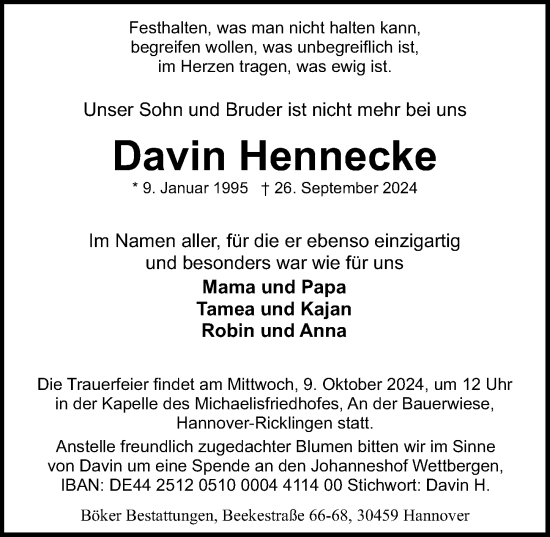 Traueranzeige von Davin Hennecke von Hannoversche Allgemeine Zeitung/Neue Presse