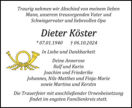 Traueranzeige von Dieter Köster von Ostsee-Zeitung GmbH