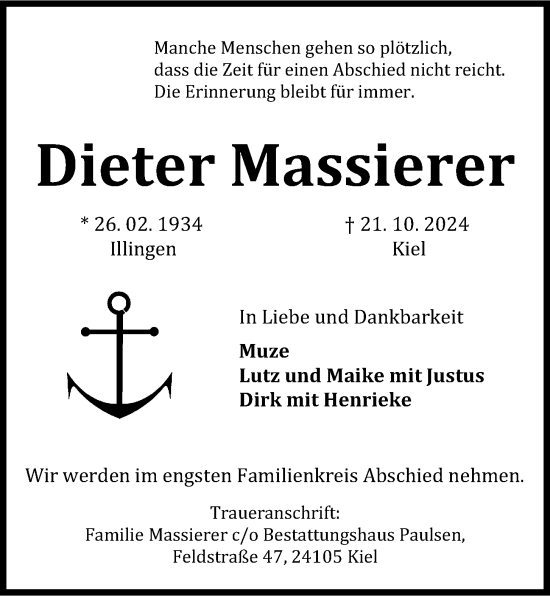 Traueranzeige von Dieter Massierer von Kieler Nachrichten