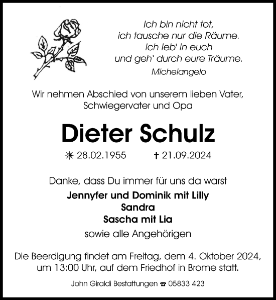 Traueranzeige von Dieter Schulz von Aller Zeitung