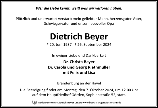 Traueranzeige von Dietrich Beyer von Märkischen Allgemeine Zeitung