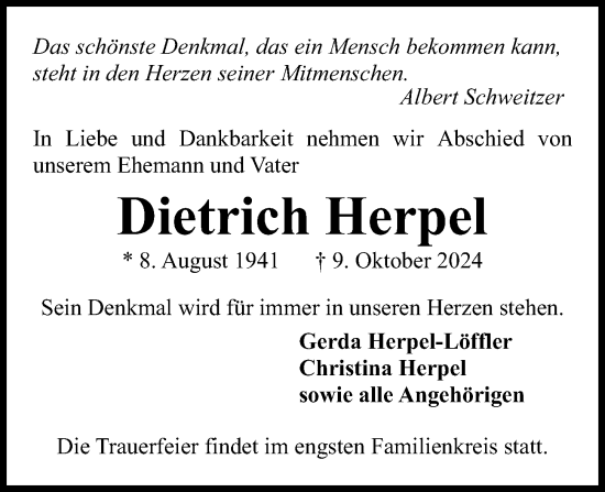 Traueranzeige von Dietrich Herpel von Kieler Nachrichten