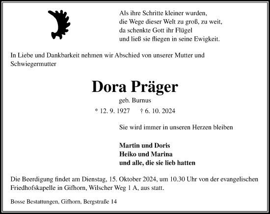 Traueranzeige von Dora Präger von Aller Zeitung