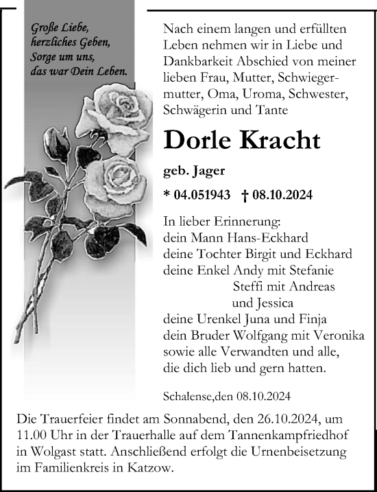 Traueranzeige von Dorle Kracht von Ostsee-Zeitung GmbH