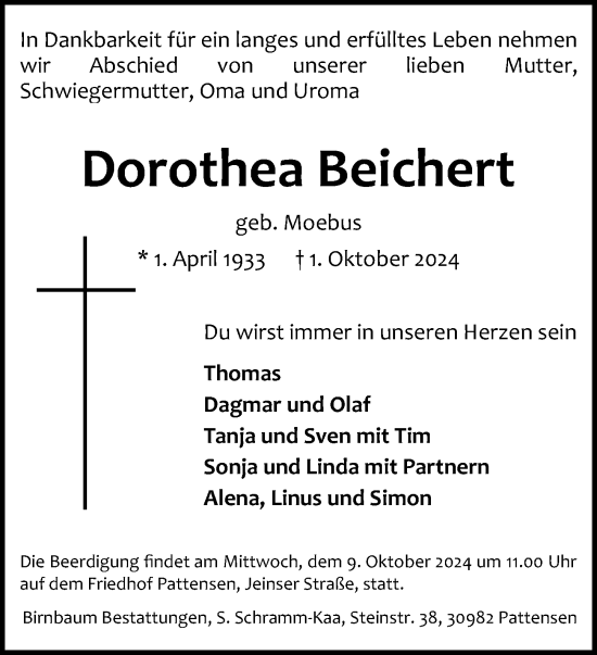 Traueranzeige von Dorothea Beichert von Hannoversche Allgemeine Zeitung/Neue Presse