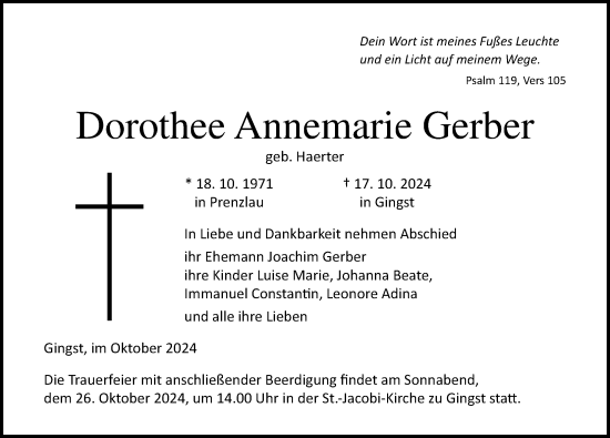 Traueranzeige von Dorothee Annemarie Gerber von Ostsee-Zeitung GmbH