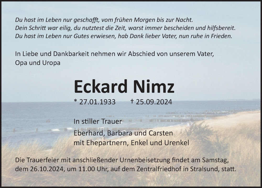  Traueranzeige für Eckard Nimz vom 05.10.2024 aus Ostsee-Zeitung GmbH