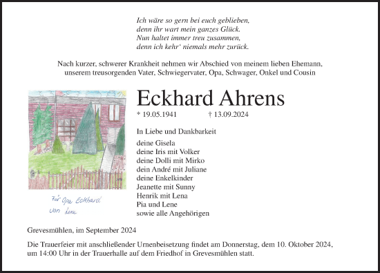 Traueranzeige von Eckhard Ahrens von Ostsee-Zeitung GmbH