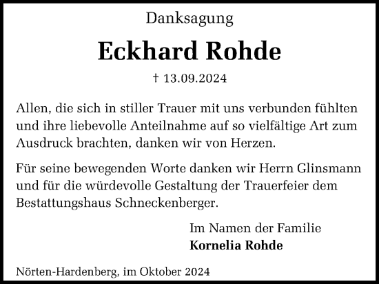 Traueranzeige von Eckhard Rohde von Göttinger Tageblatt