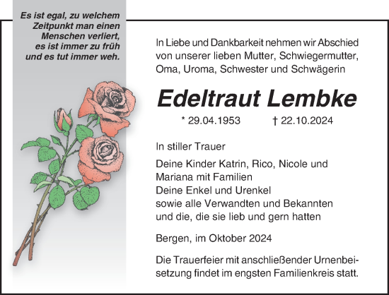 Traueranzeige von Edeltraut Lembke von Ostsee-Zeitung GmbH