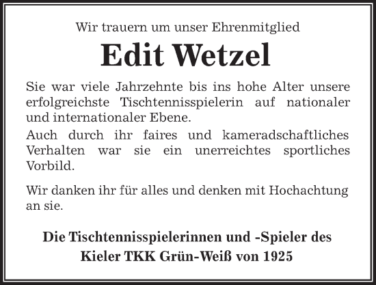 Traueranzeige von Edit Wetzel von Kieler Nachrichten