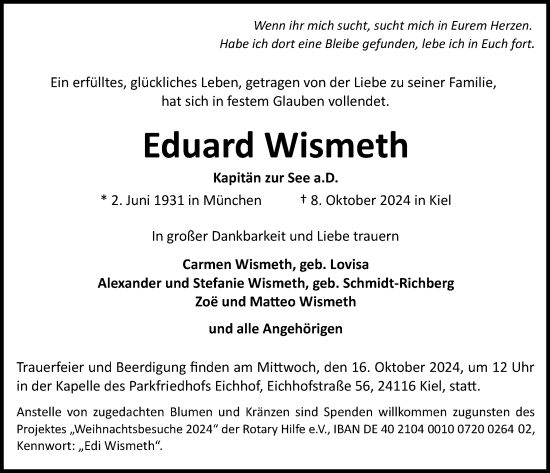 Traueranzeige von Eduard Wismeth von Kieler Nachrichten