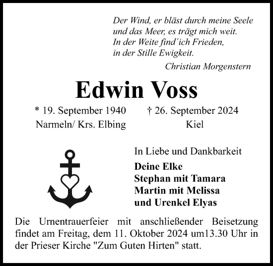 Traueranzeige von Edwin Voss von Kieler Nachrichten