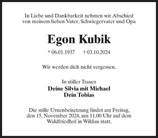 Traueranzeige von Egon Kubik von Märkischen Allgemeine Zeitung