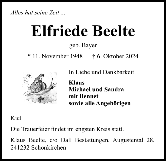 Traueranzeige von Elfriede Beelte von Kieler Nachrichten