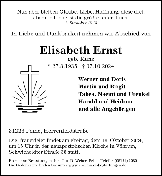 Traueranzeige von Elisabeth Ernst von Peiner Allgemeine Zeitung