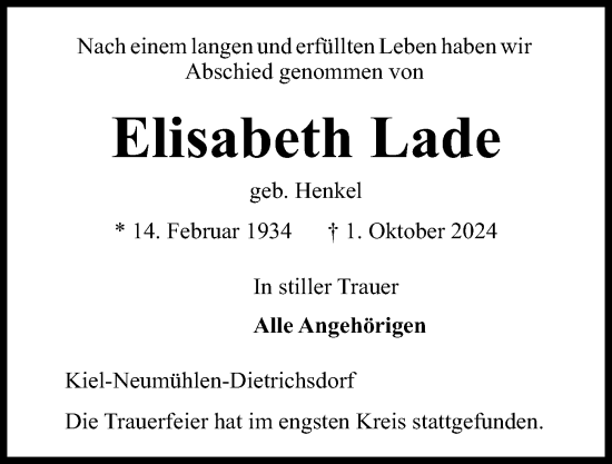 Traueranzeige von Elisabeth Lade von Kieler Nachrichten