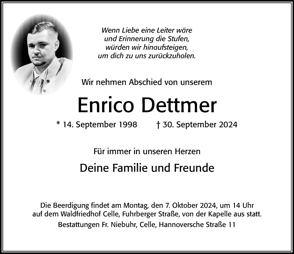  Traueranzeige für Enrico Dettmer vom 05.10.2024 aus Aller Zeitung