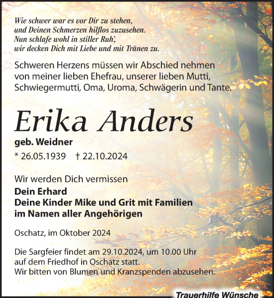 Traueranzeige von Erika Anders von Leipziger Volkszeitung