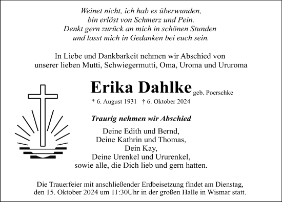 Traueranzeige von Erika Dahlke von Ostsee-Zeitung GmbH