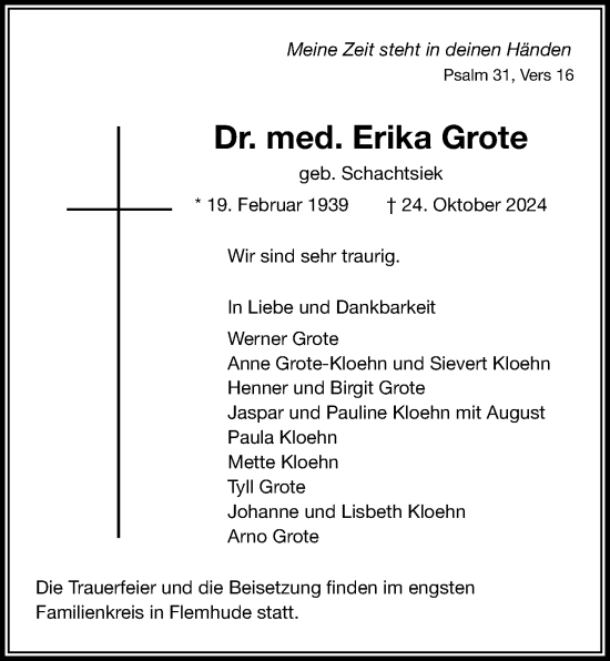 Traueranzeige von Erika Grote von Kieler Nachrichten