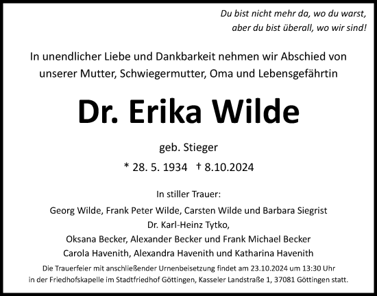 Traueranzeige von Erika Wilde von Göttinger Tageblatt