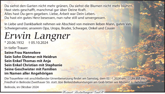 Traueranzeige von Erwin Langner von Torgauer Zeitung