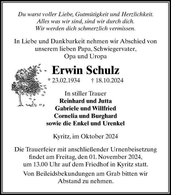 Traueranzeige von Erwin Schulz von Wochenspiegel