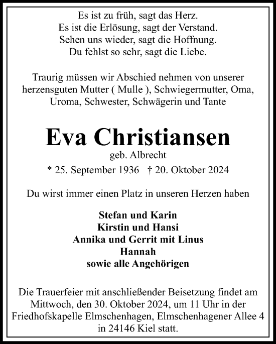 Traueranzeige von Eva Christiansen von Kieler Nachrichten