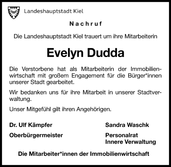 Traueranzeige von Evelyn Dudda von Kieler Nachrichten