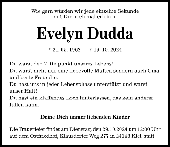 Traueranzeige von Evelyn Dudda von Kieler Nachrichten