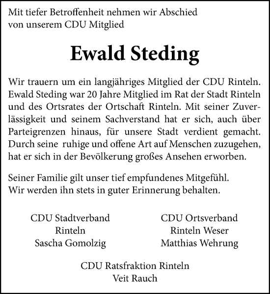 Traueranzeige von Ewald Steding von Schaumburger Zeitung/ Landes-Zeitung